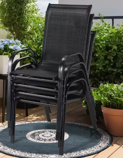 Set van 4 Stapelbare Tuinstoelen – Zwart – Staal & Teslin, 150 kg Belastbaar