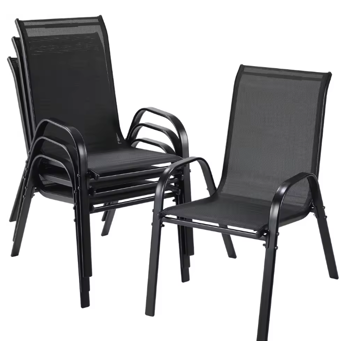 Set van 4 Stapelbare Tuinstoelen – Zwart – Staal & Teslin, 150 kg Belastbaar