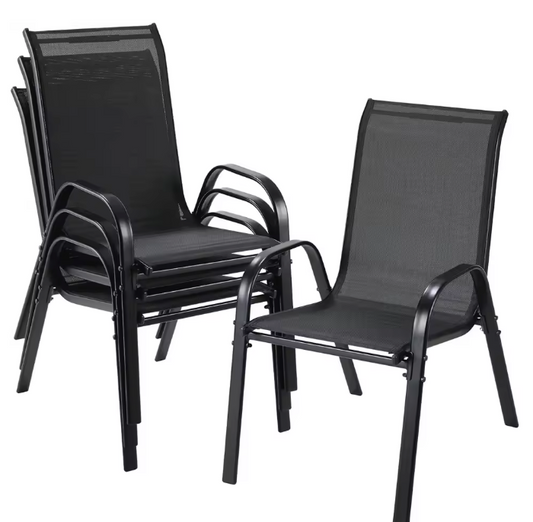 Set van 4 Stapelbare Tuinstoelen – Zwart – Staal & Teslin, 150 kg Belastbaar