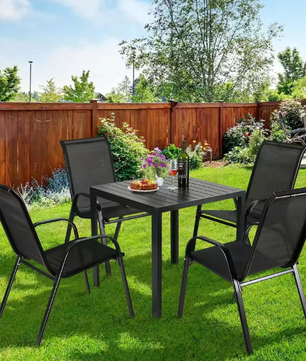 Set van 4 Stapelbare Tuinstoelen – Zwart – Staal & Teslin, 150 kg Belastbaar
