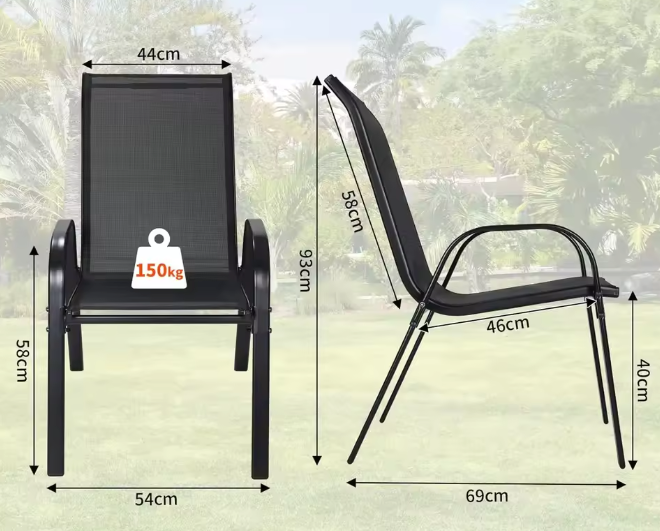 Set van 4 Stapelbare Tuinstoelen – Zwart – Staal & Teslin, 150 kg Belastbaar