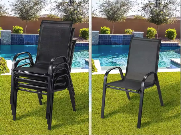 Set van 4 Stapelbare Tuinstoelen – Zwart – Staal & Teslin, 150 kg Belastbaar