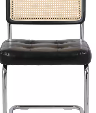 Set van 2 Zwarte Eetkamerstoelen – Gestoffeerde Zitting & Rotan Rugleuning, Metalen Frame en Ergonomisch Design