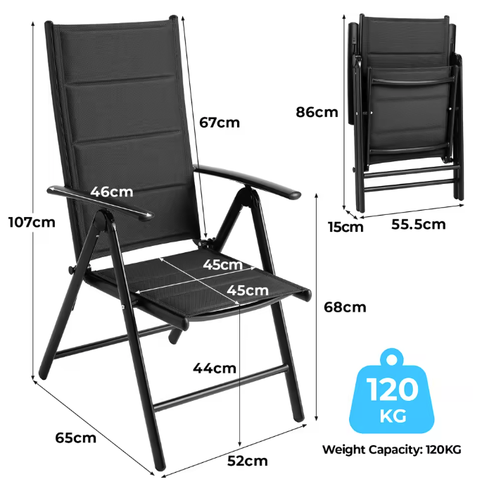 Set van 2 Opvouwbare Tuinstoelen – Aluminium & Textileen, 7-Voudig Verstelbaar