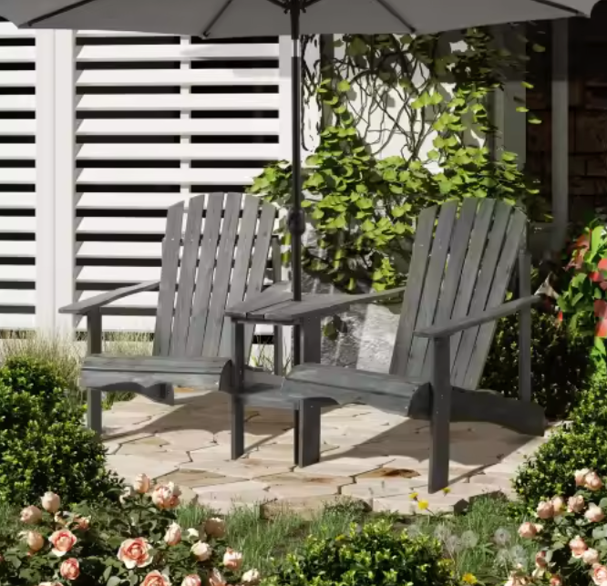 Tweepersoons Tuinstoel met Tafel – Gelakt Dennenhout Zitgroep met Parasolgat