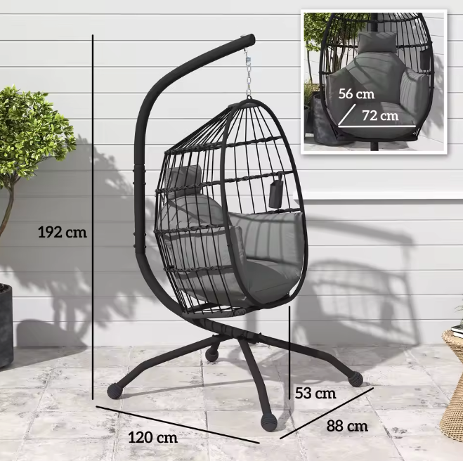 Hangstoel Ei met Standaard – Opvouwbare Mand & Kussenset 120 × 88 × 192 cm