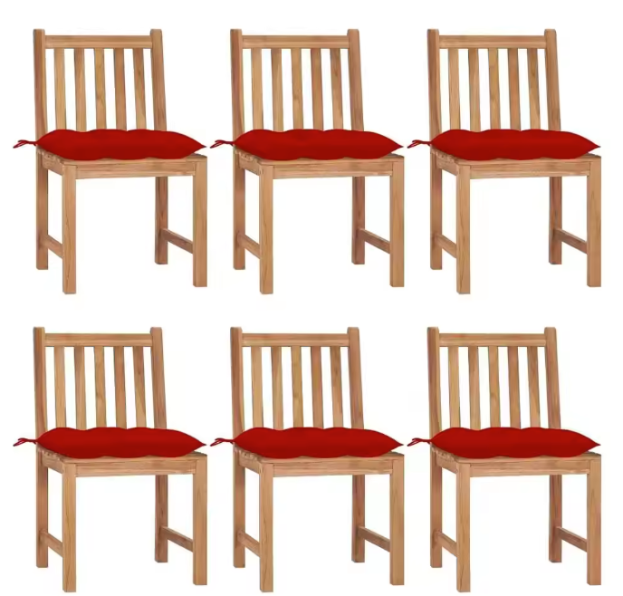 Set van 6 Teakhouten Tuinstoelen – Inclusief Rode Kussens, Duurzaam & Weerbestendig