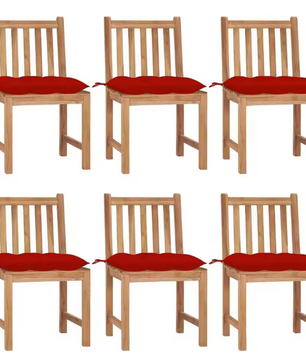 Set van 6 Teakhouten Tuinstoelen – Inclusief Rode Kussens, Duurzaam & Weerbestendig