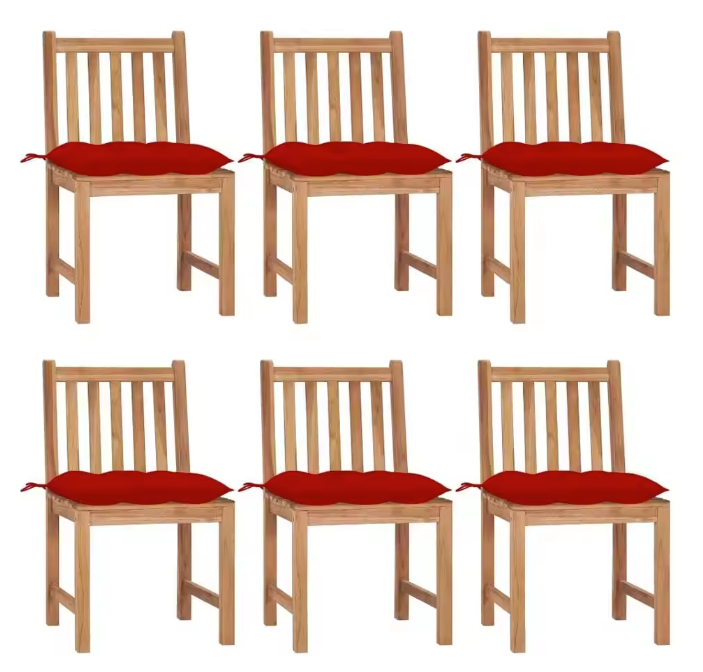 Set van 6 Teakhouten Tuinstoelen – Inclusief Rode Kussens, Duurzaam & Weerbestendig