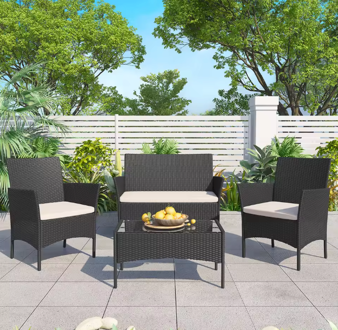 4-Delige Rotan Loungeset – Inclusief Tafel & Kussenset