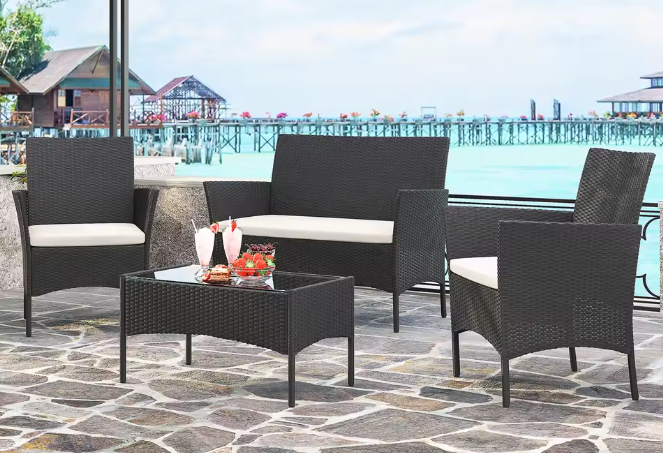 4-Delige Rotan Loungeset – Inclusief Tafel & Kussenset