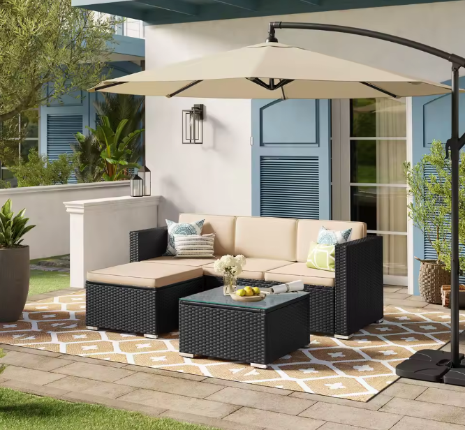 3-Delige Rotan Loungeset – Hoekbank met Tafel & Kussens