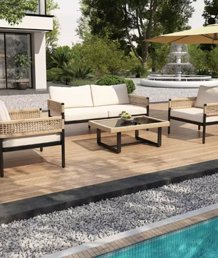 4-Delige Tuin Loungeset – IJzer, Glas & Handgeweven Touw