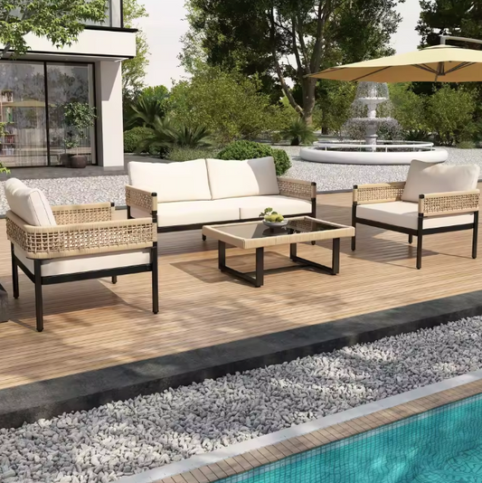 4-Delige Tuin Loungeset – IJzer, Glas & Handgeweven Touw