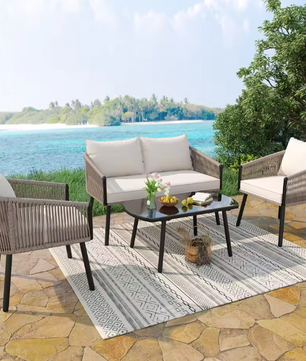 4-Delige Tuin Loungeset – Staal, Glas & Gevlochten Touw