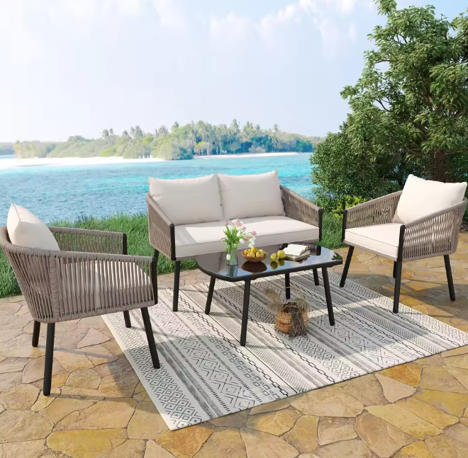 4-Delige Tuin Loungeset – Staal, Glas & Gevlochten Touw