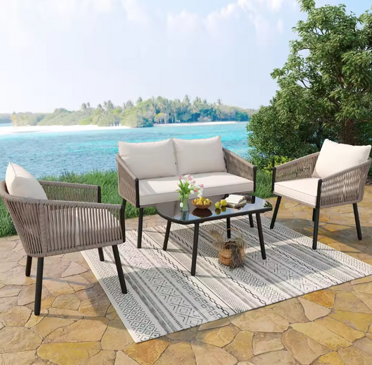 4-Delige Tuin Loungeset – Staal, Glas & Gevlochten Touw