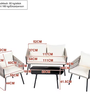 4-Delige Tuin Loungeset – Staal, Glas & Gevlochten Touw