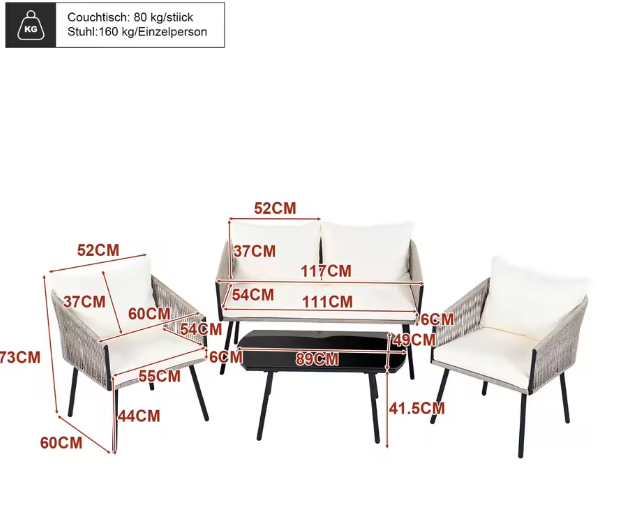 4-Delige Tuin Loungeset – Staal, Glas & Gevlochten Touw