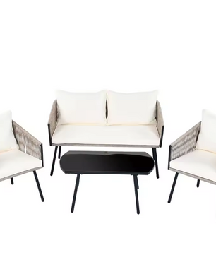 4-Delige Tuin Loungeset – Staal, Glas & Gevlochten Touw