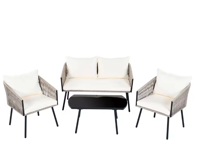 4-Delige Tuin Loungeset – Staal, Glas & Gevlochten Touw