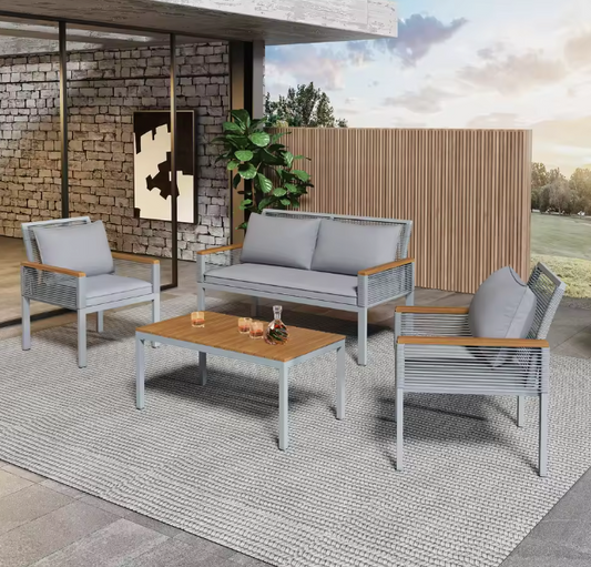 4-Delige Balkon Loungeset – Rattanlook met Kussens