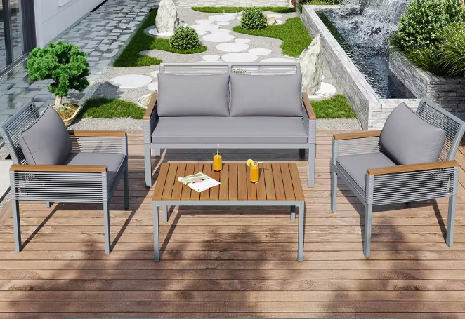 4-Delige Balkon Loungeset – Rattanlook met Kussens