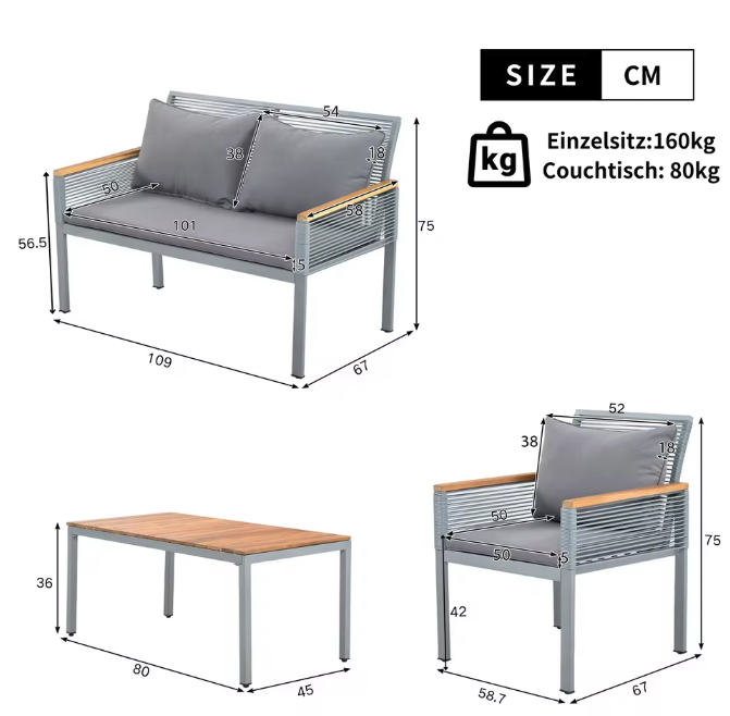 4-Delige Balkon Loungeset – Rattanlook met Kussens
