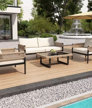 4-Delige Tuin Loungeset – IJzer, Glas & Gevlochten Touw