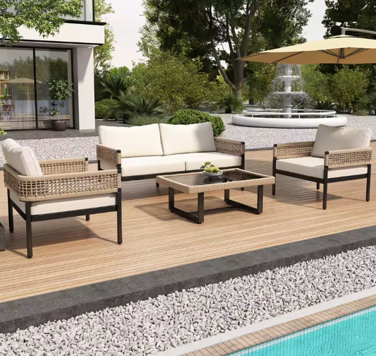 4-Delige Tuin Loungeset – IJzer, Glas & Gevlochten Touw