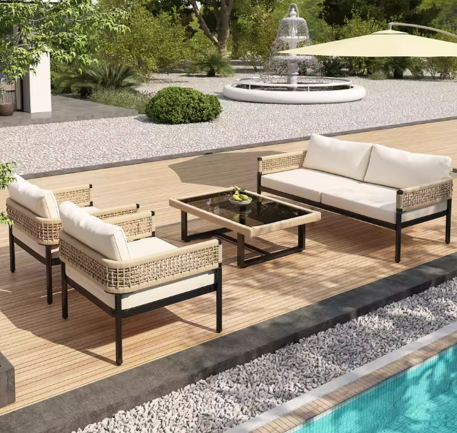 4-Delige Tuin Loungeset – IJzer, Glas & Gevlochten Touw