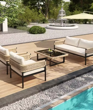 4-Delige Tuin Loungeset – IJzer, Glas & Handgeweven Touw