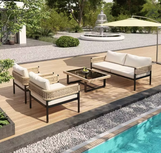 4-Delige Tuin Loungeset – IJzer, Glas & Handgeweven Touw