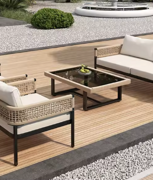 4-Delige Tuin Loungeset – IJzer, Glas & Handgeweven Touw