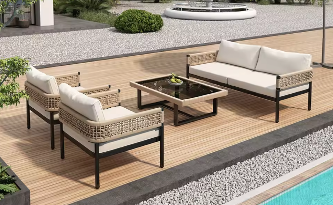 4-Delige Tuin Loungeset – IJzer, Glas & Handgeweven Touw