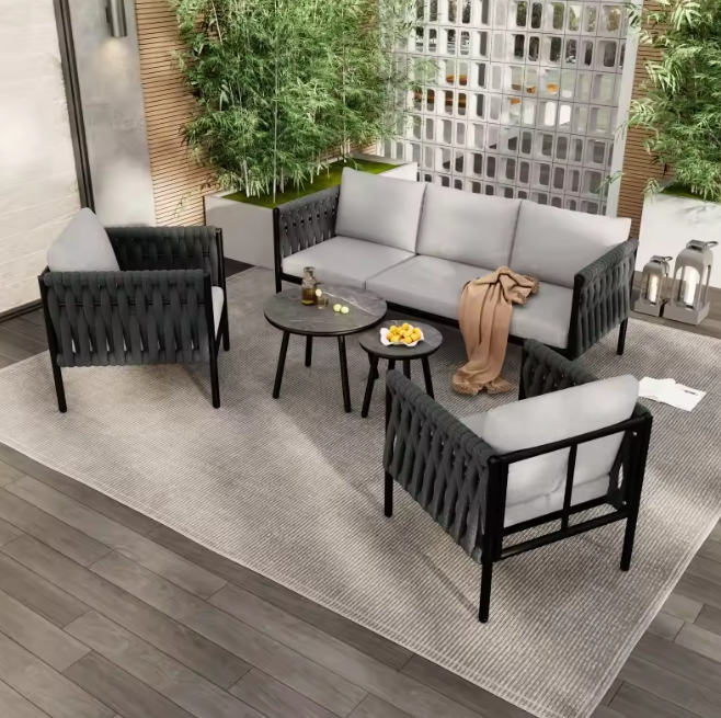 Tuinloungeset van 6 – Grijze Touwstoelen met Glastafels