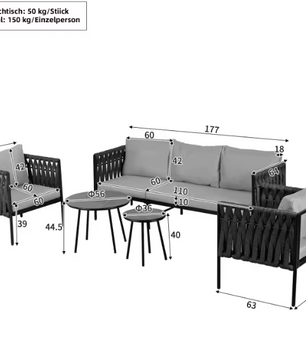 Tuinloungeset van 6 – Grijze Touwstoelen met Glastafels