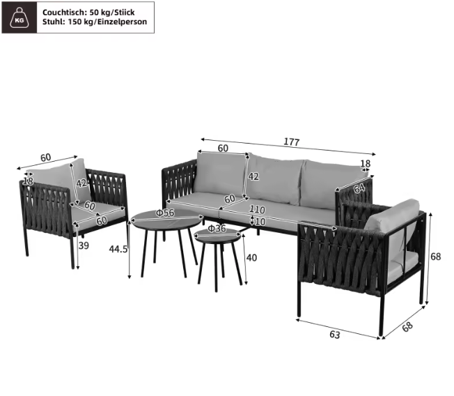 Tuinloungeset van 6 – Grijze Touwstoelen met Glastafels