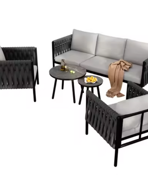 Tuinloungeset van 6 – Grijze Touwstoelen met Glastafels