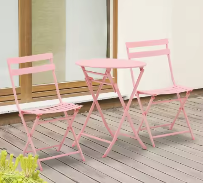 3-Delige Opvouwbare Bistroset – Roze Balkonset voor 2 Personen