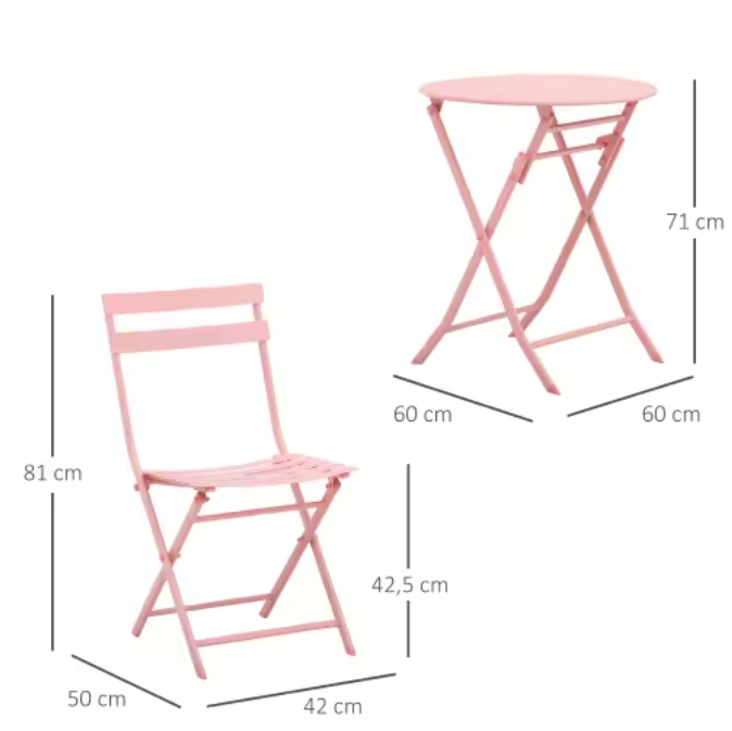 3-Delige Opvouwbare Bistroset – Roze Balkonset voor 2 Personen
