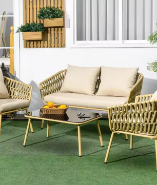 4-delige rotan tuinset met bank, stoelen en salontafel
