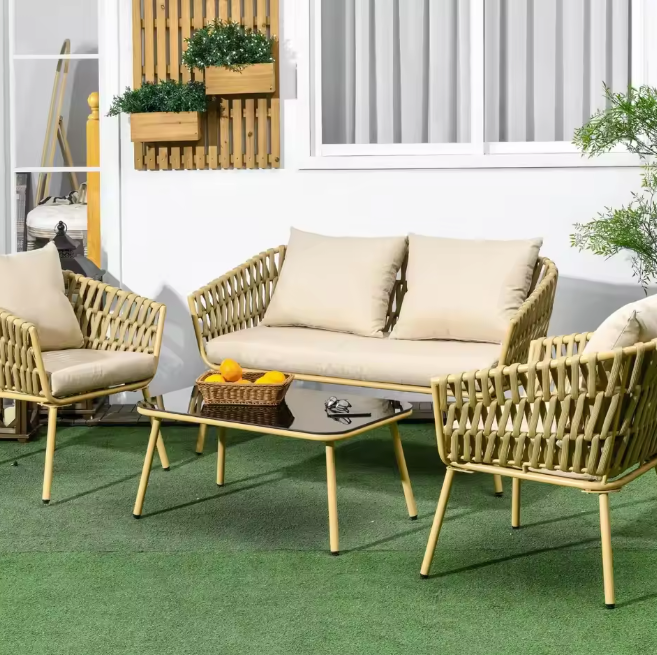 4-delige rotan tuinset met bank, stoelen en salontafel