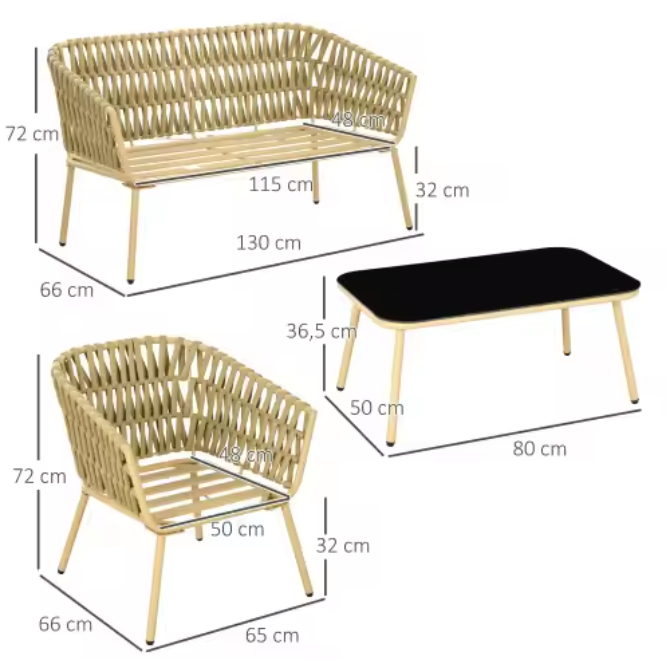4-delige rotan tuinset met bank, stoelen en salontafel