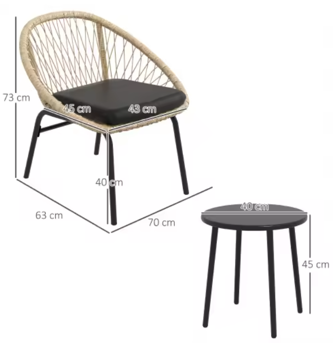 Tuinset 3-delig rotan – 2 stoelen met kussens + salontafel