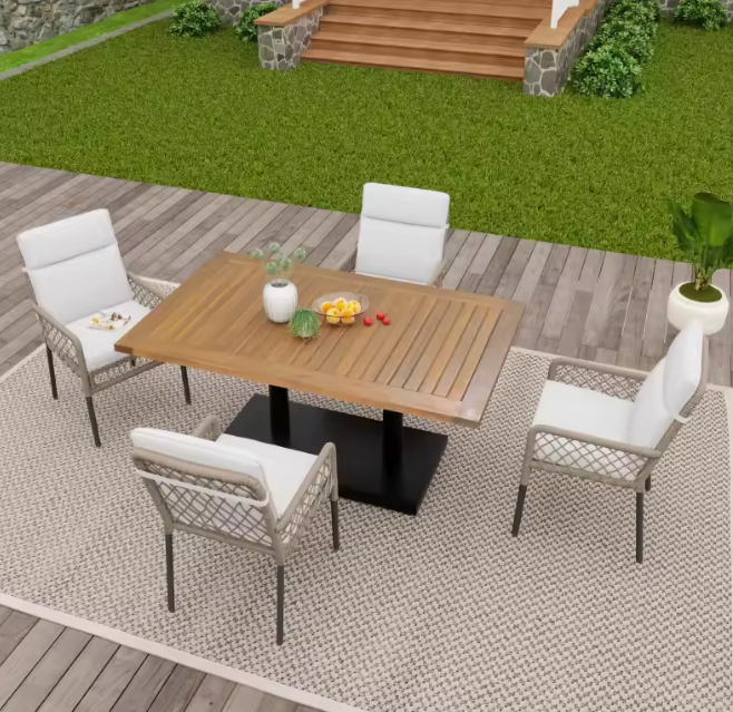 5-delige tuinset met acaciahouten tafel en rotan stoelen