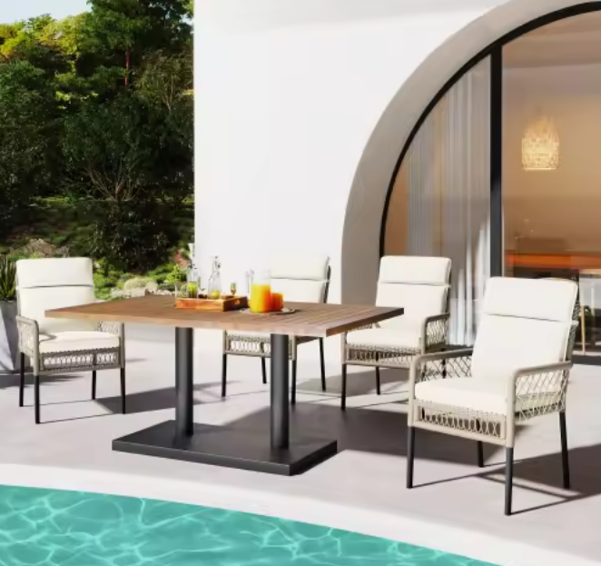 5-delige tuinset met acaciahouten tafel en rotan stoelen