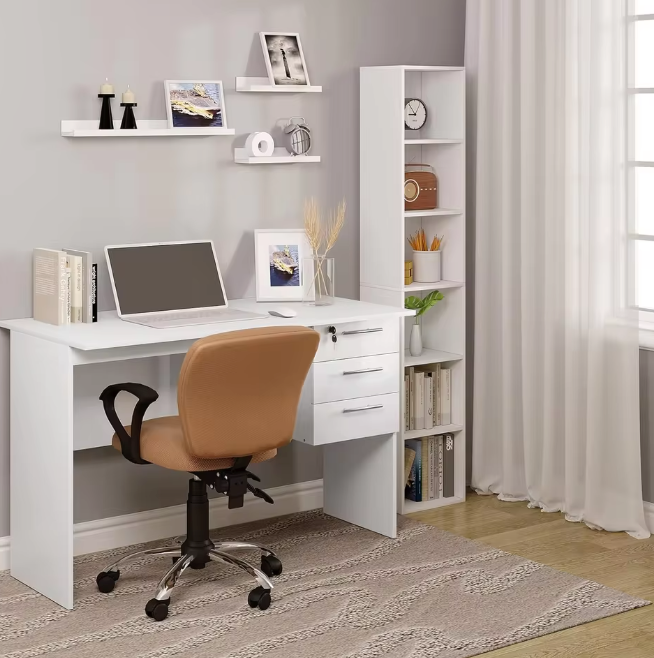 Bureau met 3 Lades en Slot – 120 cm Laptoptafel Zwart/Wit