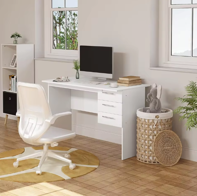 Bureau met 3 Lades en Slot – 120 cm Laptoptafel Zwart/Wit