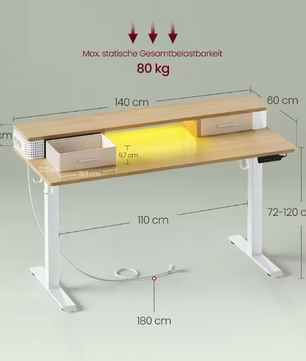 Elektrisch Zit-Sta Bureau 140 cm – Met USB, Lades & Monitorstand